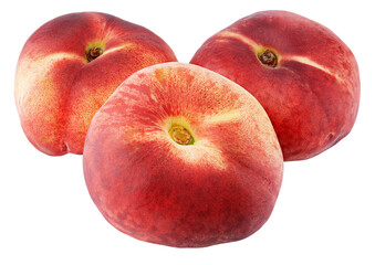 Three chinese flat donut peaches isolated on transparent background. Full depth of field.