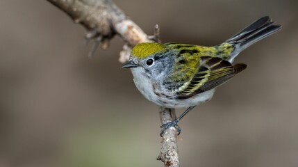 Adorable Chestnut Sided Warbler perched on a tree branch in a natural outdoor setting
