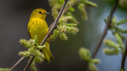 a yellow bird sits in a tree branch with flowers on the stems