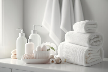 Obraz na płótnie Canvas Spa, bathroom background. Towels on white desk near white wall and interior accessories with copy space. Neutral white colors. Ai generative