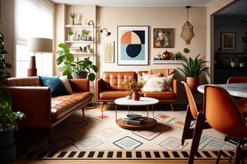 living room Mid Century style with warm colors. Ai generative