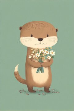  a cute otter holding a bouquet of daisies in its paws on a blue background with a green background and a green border around the edges.  generative ai