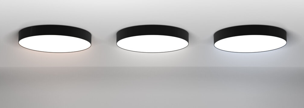 Ceiling lamps with cold, warm and white light 3d render. Realistic set black round metal luminaires. Chandeliers for home or office in modern style on grey background, interior design. 3D illustration
