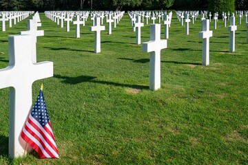 American flag standing at the gravestone of a killed soldier at the war cemetery in Normandy