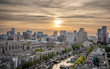 Skyline of Rotterdam cityscape, Netherlands at sunset showing the skyscrapers and office buildings