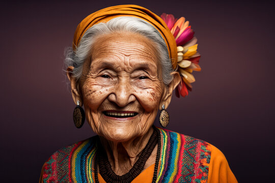 Senior Aztec Mexican Woman In Traditional Clothes Smiling. Isolated On Dark Studio Background	