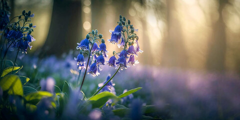 Close of bluebells flowers in the woods in spring, forest idyllic panoramic scene with bokeh background