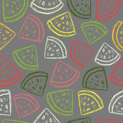 Fototapeta premium Crayon watermelon pattern. Children drawing chalk style watermelon print. Hand drawn wax crayons art on white. Color pastel crayons freehand drawn watermelon slice background. Color melon texture. 