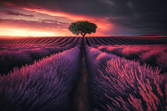 Lone tree in a Provence purple lavender field, scenic landscape at sunset