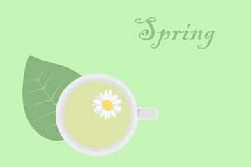Light spring background. Herbal tea, chamomile flower and green leaf.