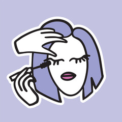 Fashionable girl makes makeup, paints eyelashes with closed eyes. Mascara with brush. Vector illustration in simple doodle outline style.