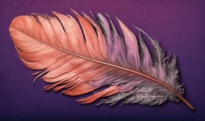  a pink and black feather on a purple and purple background with the words, the feather of the bird is a long, feathery, long, thin, thin, thin, thin, feathery, feathery,.  generative ai