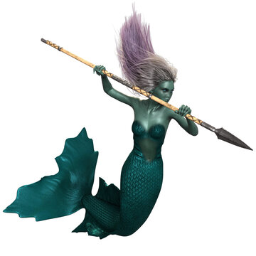 A 3d rendered mermaid with a spear, isolated on white. HWWO Stock 