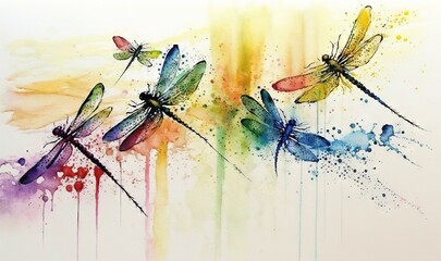  a painting of three dragonflies flying in the air with paint splatters on it's sides and a splash of watercolor paint on the wall behind them.  generative ai
