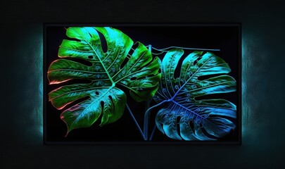  a green and blue plant in a black frame on a black wall with a blue light behind it and a green leaf in the middle of the frame.  generative ai