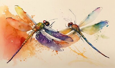  a painting of three dragonflies flying in the sky with watercolor splashs on the wings and back of the wings, with a white background of orange, red, yellow, orange, and blue, and red.  generative ai