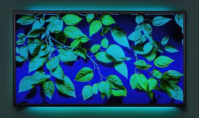  a painting of green leaves on a blue background with a blue light behind it and a black frame with a blue light behind it and a blue background.  generative ai
