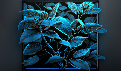  a picture of a plant with leaves on a black background with a blue border around it and a black background with a blue border around it.  generative ai