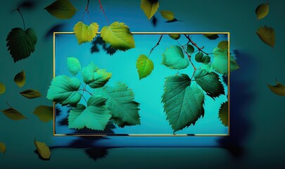  a picture frame with leaves floating in the air on a blue background with a gold frame on the bottom of the picture and a blue background with a gold border.  generative ai