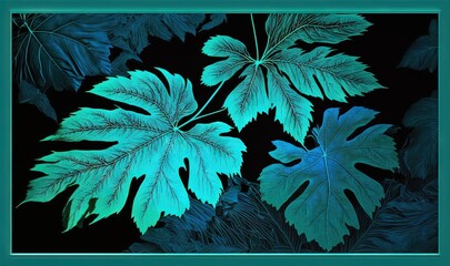  a picture of a green leaf on a black background with a blue border around it and a blue frame around it to the right of the image.  generative ai