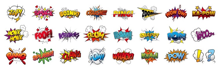 Fototapeta Comic sound effects in pop art style, PNG Cartoon explosions, sound expression and comic speech bubble, set 2 obraz