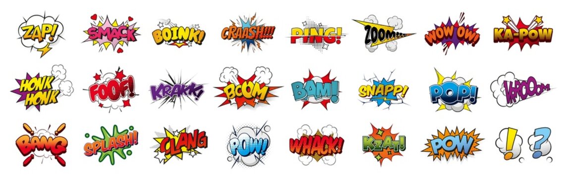 Comic sound effects in pop art style, PNG Cartoon explosions, sound expression and comic speech bubble, set 2