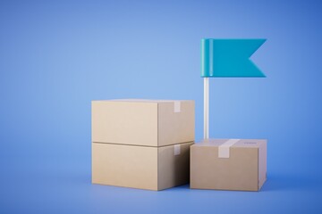 the concept of delivery of parcels to the address. boxes with parcels and a finishing flag. 3D render