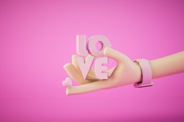the concept of a declaration of love. a hand holding a heart with the inscription love on a pastel background. 3D render