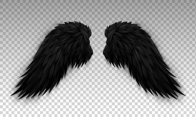 Black devil wings isolated on transparent background. Dark angel outfit, masquerade, carnival costume. Daemon's realistic wings. Three dimensional monster or bird wings. Vector illustration EPS 10