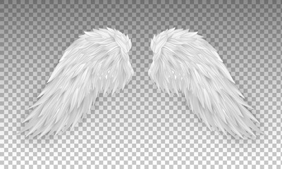 Three dimensional white angel wings. Masquerade, festival, carnival costume. Realistic bird wings isolated on transparent background. Freedom, spiritual concept. Vector illustrator EPS 10