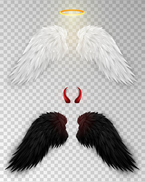 3D white angel wings with golden nimbus, halo and black devil wings with red daemon horns isolated on transparent background. Realistic festival, carnival costume. Fantasy, religion concept.