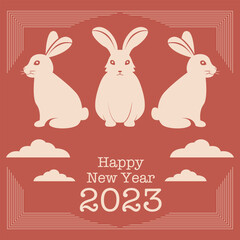 Chinese new year 2023 year of the rabbit - red traditional Chinese designs with rabbits, bunnies. Lunar new year concept, modern design.