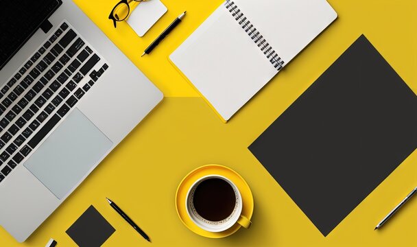  a laptop computer sitting on top of a yellow table next to a cup of coffee and a pen and paper on top of a yellow table.  generative ai