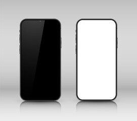 A set of three smartphones on a transparent background. Realistic 3D models of mobile phones with shadows and highlights. Front view. Vector illustration.