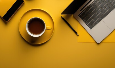  a cup of coffee and a laptop on a yellow table with a yellow envelope and a pen and a yellow notebook on it with a yellow background.  generative ai