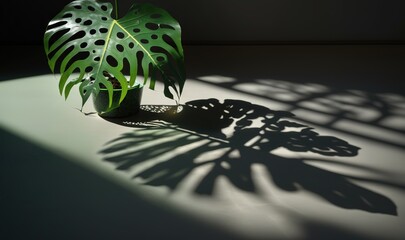  a green plant casts a shadow on a white surface with a shadow cast on the wall behind it and a green plant in a black pot.  generative ai