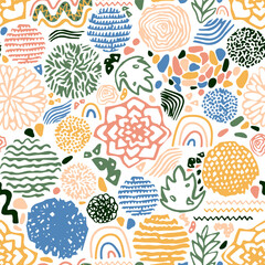 Abstract White Doodle Seamless Pattern. Vector Illustration of Trendy Scandinavian Design. Colorful Background.