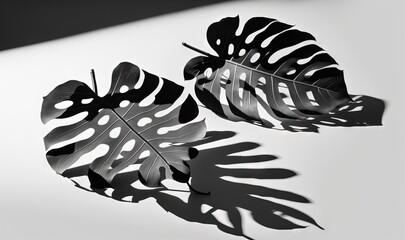  a shadow of two leaves on a white table top with a black and white photo of the shadow of two leaves on a white table top.  generative ai