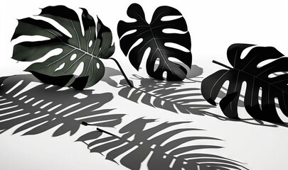  a shadow of three leaves on a white surface with a shadow of a plant on the floor behind it and a shadow of a plant on the floor.  generative ai
