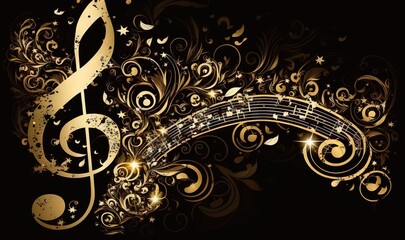  a music note with gold swirls and stars on a black background with a swirly pattern and a golden treble on the top.  generative ai