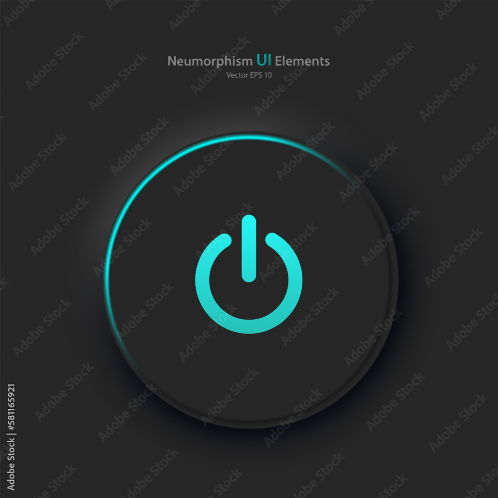 Poster a round button with a blue power symbol on a black background. user interface elements in the style 