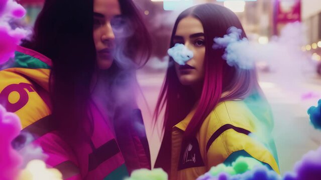A cute young girl smokes a narcotic substance in puffs of rainbow smoke, created with the help of artificial intelligence. AI generative.