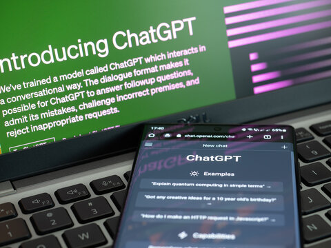 Galati, Romania - March 14, 2023: Webpage of ChatGPT, a prototype AI chatbot developed by OpenAI, on a smartphone screen. Examples of interactions with the AI are shown before a new chat.