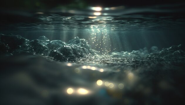  the sun shines brightly through the water's surface as it floats over the ocean floor in the ocean, creating a wave like pattern on the water surface.  generative ai