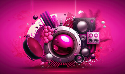  a pink background with a speaker and various items on it, including a pink background and a pink background with a pink background and a pink background.  generative ai