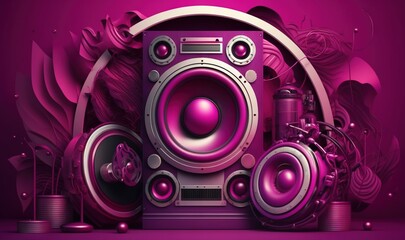  a speaker with speakers and speakers on a purple background with a swirly design in the middle of the image is a speaker with speakers and speakers.  generative ai