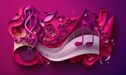  a music note with music notes on it and a purple background with pink and white shapes and lines of music notes on it, and a purple background with.  generative ai