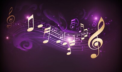 Obraz na płótnie Canvas a purple background with musical notes and a treble on top of it, with a black background and a purple background with a gold treble. generative ai