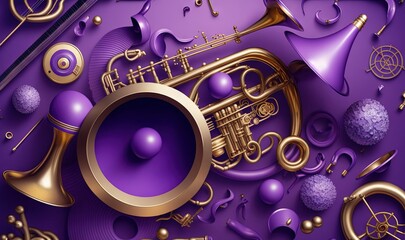  a purple background with a gold trumpet and other musical instruments on it, and a purple background with a gold trumpet and other musical instruments.  generative ai