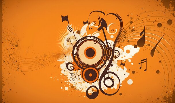  an orange background with musical notes and a speaker on it's side and a sunburst in the middle of the image with a black and white swirl.  generative ai